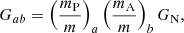 $$ \begin{aligned} G_{a b} = \left(\frac{m_{\rm P}}{m}\right)_{a} \left(\frac{m_{\rm A}}{m}\right)_{b} G_{\rm N}, \end{aligned} $$