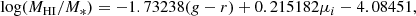 $$ \begin{aligned} \log (M_{\mathrm{H}\small{\rm I} }/M_*) = -1.73238 (g-r) + 0.215182 \mu _i - 4.08451, \end{aligned} $$