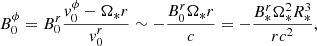 $$ \begin{aligned} B_0^\phi =B_0^r \frac{v_0^\phi -\Omega _* r}{v_0^r} \sim -\frac{B_0^r \Omega _* r}{c} = -\frac{B_*^r \Omega _*^2 R_*^3}{rc^2}, \end{aligned} $$
