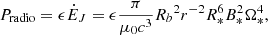 $$ \begin{aligned} P_\mathrm{radio} = \epsilon \dot{E}_J = \epsilon \frac{\pi }{\mu _0 c^3} {R_b}^2{r}^{-2} R_*^6 B_*^2 \Omega _*^4, \end{aligned} $$
