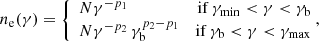 $$ \begin{aligned} n_{\rm e} (\gamma ) = \left\{ \begin{array}{lr} N \gamma ^{-p_1}&\mathrm{if}\, \gamma _{\rm min} < \gamma < \gamma _{\rm b} \\ N \gamma ^{-p_2} \, \gamma _{\rm b}^{p_2 - p_1}&\mathrm{if}\, \gamma _{\rm b} < \gamma < \gamma _{\rm max} \end{array} \right.\!\!\!,\end{aligned} $$