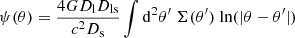 $$ \begin{aligned} \psi (\theta ) = \frac{4GD_{\rm l}D_{\rm ls}}{c^{2}D_{\rm s}} \int \mathrm{d}^{2}\theta ^{\prime } \; \Sigma (\theta ^{\prime }) \; {\ln }(|\theta - \theta ^{\prime }|) \end{aligned} $$