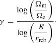 $$ \begin{aligned} \gamma =\dfrac{\log \left(\dfrac{\Omega _{\rm m}}{\Omega _{\rm e}}\right)}{\log \left(\dfrac{R}{r_{\rm rcb}}\right)}\cdot \end{aligned} $$