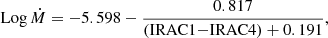 $$ \begin{aligned} \mathrm{Log}\,\dot{M}=-5.598-\frac{0.817}{(\mathrm{IRAC1{-}IRAC4})+0.191}, \end{aligned} $$