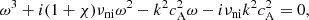 $$ \begin{aligned} \omega ^3+i(1+\chi )\nu _{\rm ni}\omega ^2-k^2c_{\rm A}^2\omega -i\nu _{\rm ni}k^{2}c^{2}_{\rm A}=0 , \end{aligned} $$