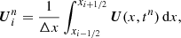 $$ \begin{aligned}&\boldsymbol{U}^{n}_{i} = \frac{1}{\Delta x}\int _{x_{i-1/2}}^{x_{i+1/2}} \boldsymbol{U}(x,t^n)\,\text{d}x, \end{aligned} $$