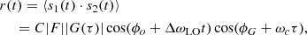 $$ \begin{aligned}&r(t)=\langle s_1(t)\cdot s_2(t)\rangle \nonumber \\&\quad \ =C|F||G(\tau )|\cos (\phi _o+\Delta \omega _{\rm LO}t)\cos (\phi _G+\omega _c\tau ), \end{aligned} $$