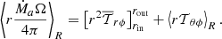 $$ \begin{aligned} \left\langle r\dfrac{\dot{M}_a \Omega }{4 \pi } \right\rangle _R= \left[r^2 \overline{\mathcal{T} }_{r\phi }\right]_{r_{\rm in}}^{r_{\rm out}} +\left\langle {r\mathcal{T} }_{\theta \phi }\right\rangle _R. \end{aligned} $$