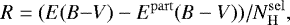 \begin{equation*} R = (E(B{-}V) - E^{\mathrm{part}}(B-V)) / N^{\mathrm{sel}}_{\mathrm {H}},\end{equation*}