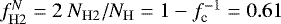 $f^N_{\mathrm {H2}} = 2~N_{\mathrm {H2}} / N_{\mathrm {H}} = 1 - f^{-1}_{\textrm{c}} = 0.61$