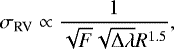 \begin{equation*} \sigma_{\textrm{RV}} \propto {1 \over {\sqrt{F} \sqrt{\Delta \lambda} R^{1.5}}} ,\end{equation*}