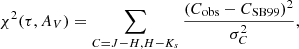 $$ \begin{aligned} \chi ^2(\tau ,A_{V}) = \sum _{C = J-H, H-K_{s}} \frac{(C_\mathrm{obs} - C_\mathrm{SB99} )^2}{\sigma _C^2}, \end{aligned} $$