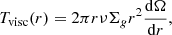 $$ \begin{aligned} T_{\rm visc}(r) = 2 \pi r \nu \Sigma _g r^2 \frac{\mathrm{d}\Omega }{\mathrm{d}r} , \end{aligned} $$