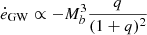 $ \dot{e}_{\mathrm{GW}} \propto - M_b^3 \frac{q}{(1+q)^2} $