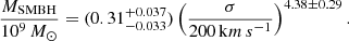 $$ \begin{aligned} \frac{M_{\rm SMBH}}{10^9\,M_{\odot }} = (0.31^{+0.037}_{-0.033}) \left( \frac{\sigma }{200\,\mathrm km\,s^{-1} }\right)^{4.38\pm 0.29}. \end{aligned} $$