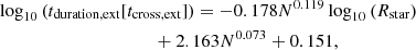$$ \begin{aligned}&\log _{10}{(t_{\rm duration,ext}[t_{\rm cross,ext}])}=-0.178 N^{0.119}\log _{10}{({R_{\rm star}})} \nonumber \\& \quad \qquad \qquad \qquad \qquad \qquad +2.163 N^{0.073}+0.151, \end{aligned} $$