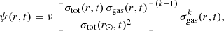 $$ \begin{aligned} \psi (r, t) = \nu \, \left[ \frac{\sigma _{\mathrm{tot} }(r, t) \, \sigma _{\mathrm{gas} }(r, t)}{\sigma _{\mathrm{tot} }(r_\odot , t)^2} \right]^{(k-1)} \sigma _{\mathrm{gas} }^k(r, t), \end{aligned} $$