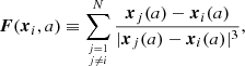 $$ \begin{aligned} \boldsymbol{F}({\boldsymbol{x}}_i,a) \equiv \sum _{j=1 \atop j \ne i}^N \frac{{\boldsymbol{x}}_j(a)-{\boldsymbol{x}}_i(a)}{|{\boldsymbol{x}}_j(a)-{\boldsymbol{x}}_i(a)|^3}, \end{aligned} $$