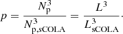 $$ \begin{aligned} p = \frac{N_\mathrm{p} ^3}{N_\mathrm{p,sCOLA} ^3} = \frac{L^3}{L_\mathrm{sCOLA} ^3}\cdot \end{aligned} $$