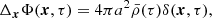 $$ \begin{aligned} \Delta _{\boldsymbol{x}} \Phi (\boldsymbol{x},\tau ) = 4\pi a^2 \bar{\rho }(\tau ) \delta (\boldsymbol{x},\tau ), \end{aligned} $$