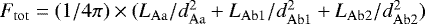 $F_{\mathrm{tot}} = (1/4\pi) \times (L_{\mathrm{Aa}}/d_{\mathrm{Aa}}^2 &#x002B; L_{\mathrm{Ab1}}/d_{\mathrm{Ab1}}^2 &#x002B; L_{\mathrm{Ab2}}/d_{\mathrm{Ab2}}^2)$