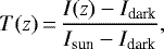 \begin{equation*}T(z)\,{=}\,\frac{I(z)-I_{\textrm{dark}}}{I_{\textrm{sun}}-I_{\textrm{dark}}}, \end{equation*}