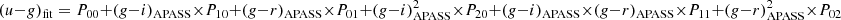 $ (u{-}g)_{\rm fit}=P_{00}+(g{-}i)_{\rm APASS}\times P_{10}+(g{-}r)_{\rm APASS}\times P_{01}+(g{-}i)_{\rm APASS}^2\times P_{20}+(g{-}i)_{\rm APASS}\times (g{-}r)_{\rm APASS}\times P_{11}+(g{-}r)_{\rm APASS}^2\times P_{02} $