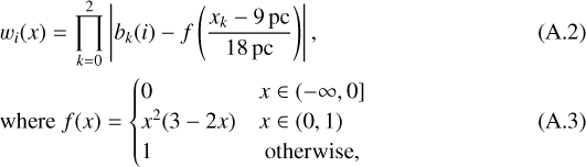 \begin{align*} &w_i(x) = \prod_{k=0}^2\left|b_k(i)-f\left(\frac{x_k-9\,\textrm{pc}}{18\,\textrm{pc}}\right)\right|,\\ &\textrm{where } f(x) = \begin{cases} 0 & x \in (-\infty,0]\\ x^2(3-2x) & x\in(0,1)\\ 1 & \textrm{otherwise,} \end{cases} \end{align*}