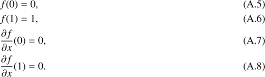 \begin{align*} &f(0) = 0,\\ &f(1) = 1,\\ &\frac{\partial f}{\partial x}(0) = 0,\\ &\frac{\partial f}{\partial x}(1) = 0. \end{align*}