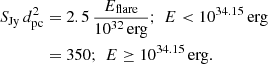$$ \begin{aligned} S_{\rm Jy}\,d_{\rm pc}^2&=2.5\,\frac{E_{\rm flare}}{10^{32}\,\mathrm{erg}};\,\,E < 10^{34.15}\,\mathrm{erg}\nonumber \\&=350;\,\,E\ge 10^{34.15}\,\mathrm{erg}. \end{aligned} $$