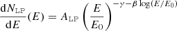 $$ \begin{aligned} \frac{\mathrm{d}N_\mathtt {LP} }{\mathrm{d}E}(E) = A_\mathtt {LP} \left(\frac{E}{E_0}\right)^{-\gamma -\beta \log (E/E_0)} \end{aligned} $$