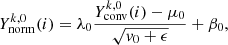 $$ \begin{aligned} Y_{\rm norm}^{k,0}(i) = \lambda _0 \frac{Y^{k,0}_{\rm conv}(i)-\mu _0}{\sqrt{v_0+\epsilon }} + \beta _0, \end{aligned} $$