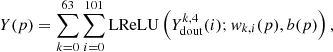$$ \begin{aligned} Y(p) = \sum _{k=0}^{63} \sum _{i=0}^{101} \mathrm{LReLU}\left( Y_{\mathrm{dout}}^{k,4}(i) ; { w}_{k,i}(p), b(p) \right), \end{aligned} $$