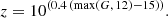 $$ \begin{aligned} z = 10^{(0.4\,(\max (G,\,12) - 15))} .\end{aligned} $$