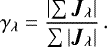 \begin{equation*} \gamma_{\lambda} = \frac{\left|\sum \vec{J}_{\lambda} \right|}{\sum \left| \vec{J}_{\lambda} \right|}\, .\end{equation*}