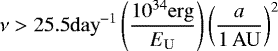 \begin{equation*} \nu > 25.5 \mathrm{day}^{-1} \left(\frac{10^{34}\mathrm{erg}}{E_{\mathrm{U}}}\right)\left(\frac{a}{1\,\mathrm{AU}}\right)^{2}\end{equation*}