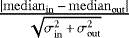 $\frac{\vert{\mathrm{median}_{\mathrm{in}}\,{-}\,\mathrm{median}_{\mathrm{out}}}\vert}{\sqrt{\sigma_{\mathrm{in}}^{2}\,{+}\,\sigma_{\mathrm{out}}^{2}}}$
