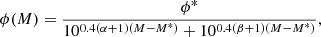 $$ \begin{aligned} \phi (M) = \dfrac{\phi ^*}{10^{0.4(\alpha +1)(M-M^*)}+10^{0.4(\beta +1)(M-M^*)}}, \end{aligned} $$