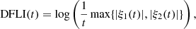 $$ \begin{aligned} \mathrm{DFLI}(t)=\log \left( \frac{1}{t}\max \{|\mathbf \xi _1 (t)|,|\mathbf \xi _2 (t)|\} \right), \end{aligned} $$