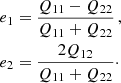 $$ \begin{aligned} e_1&=\frac{Q_{11}-Q_{22}}{Q_{11}+Q_{22}} \, , \nonumber \\ e_2&=\frac{2Q_{12}}{Q_{11}+Q_{22}}\cdot \end{aligned} $$