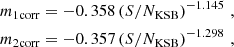$$ \begin{aligned} \begin{aligned} m_{1\mathrm{corr}}=-0.358 \left( S/N_{\mathrm{KSB} }\right) ^{-1.145}\, , \\ m_{2\mathrm{corr}}=-0.357 \left( S/N_{\mathrm{KSB} }\right) ^{-1.298}\, , \end{aligned} \end{aligned} $$