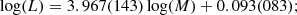 $$ \begin{aligned} \log (L)=3.967(143)\log (M)+ 0.093(083); \end{aligned} $$