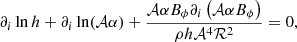 $$ \begin{aligned} \partial _i \ln h + \partial _i \ln (\mathcal{A} \alpha ) + \frac{\mathcal{A} \alpha B_\phi \partial _i \left( \mathcal{A} \alpha B_\phi \right)}{\rho h \mathcal{A} ^4 \mathcal{R} ^2} =0, \end{aligned} $$