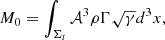 $$ \begin{aligned} M_{\rm 0} = \int _{\Sigma _t} \mathcal{A} ^3 \rho \Gamma \sqrt{\gamma }d^3 x , \end{aligned} $$