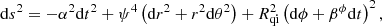$$ \begin{aligned} \mathrm{d}s^2 = -\alpha ^2 \mathrm{d}t^2 + \psi ^4 \left( \mathrm{d}r^2 + r^2 \mathrm{d}\theta ^2 \right) +R_{\mathrm{qi}}^2 \left( \mathrm{d}\phi + \beta ^\phi \mathrm{d}t \right)^2 , \end{aligned} $$