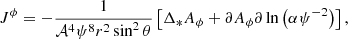 $$ \begin{aligned} J^\phi = -\frac{1}{\mathcal{A} ^4 \psi ^8 r^2 \sin ^2 \theta } \left[ \Delta _* A_\phi + \partial A_\phi \partial \ln \left( \alpha \psi ^{-2} \right) \right] , \end{aligned} $$