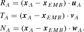 $$ \begin{aligned}&R_A=(\boldsymbol{x}_A-\boldsymbol{x}_{EMB})\cdot \boldsymbol{u}_A\nonumber \\&T_A=(\boldsymbol{x}_A-\boldsymbol{x}_{EMB})\cdot \boldsymbol{v}_A \\&N_A=(\boldsymbol{x}_A-\boldsymbol{x}_{EMB})\cdot \boldsymbol{w}_A. \nonumber \end{aligned} $$