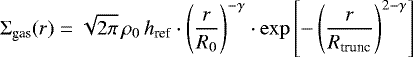 \begin{equation*}\Sigma_{\text{gas}}(r) = \sqrt{2\pi}\,\rho_0\,h_{\textrm{ref}}\cdot\left(\frac{r}{R_0}\right)^{-\gamma}\cdot\exp{\left[-\left(\frac{r}{R_{\text{trunc}}}\right)^{2-\gamma}\right]} \end{equation*}