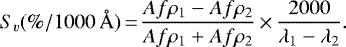\begin{equation*} S_v(\% /1000\,\AA)\,{=}\,\frac{Af\rho_1-Af\rho_2}{Af\rho_1&#x002B;Af\rho_2}\,{\times}\,\frac{2000}{\lambda_1-\lambda_2} .\end{equation*}