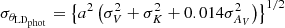 $$ \begin{aligned} \sigma _{\theta _{{\mathrm{LD} }_{\mathrm{phot} }}} = \left\{ a^2 \left(\sigma _V^2 + \sigma _K ^2 + 0.014\sigma _{A_{V}}^2\right)\right\} ^{1/2} \end{aligned} $$